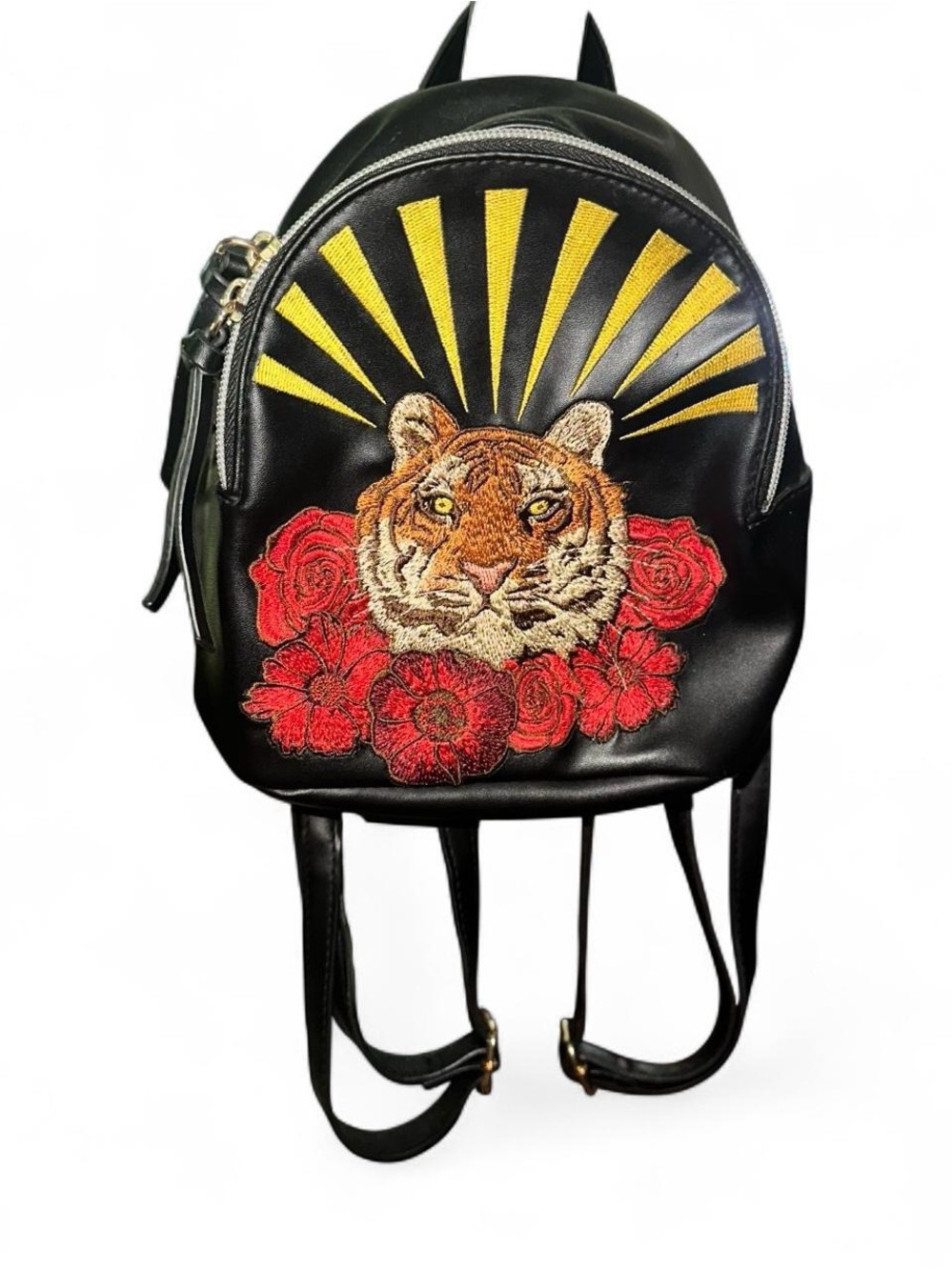 wild fable Black Mini Backpack with Tiger Embroidery and Red Roses